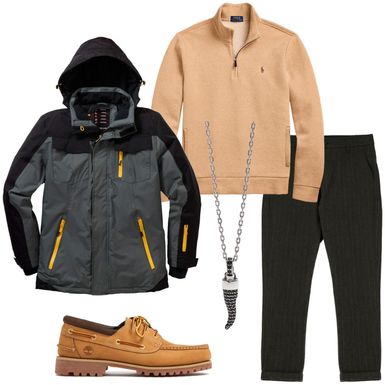 Outfit uomo - Giacca per i giorni di pioggia. Stile Trendy per Tutti i giorni. Abbinamento con giacche, collane, pantaloni, pullovers, scarpe stringate.