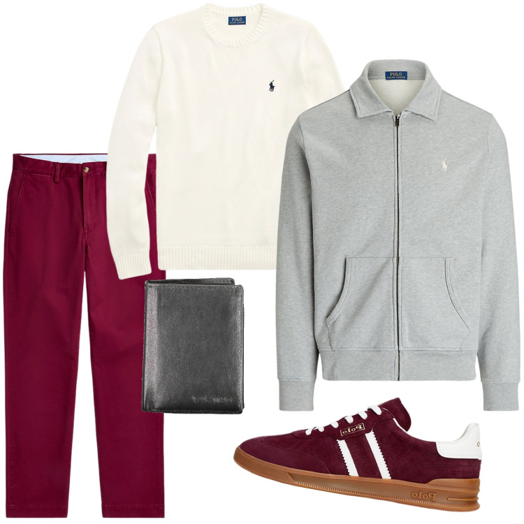 Outfit uomo - L'energia del rosso bordeaux. Stile Trendy per Ufficio. Abbinamento con pantaloni chino, giacche, maglieria, sneakers, portafogli.