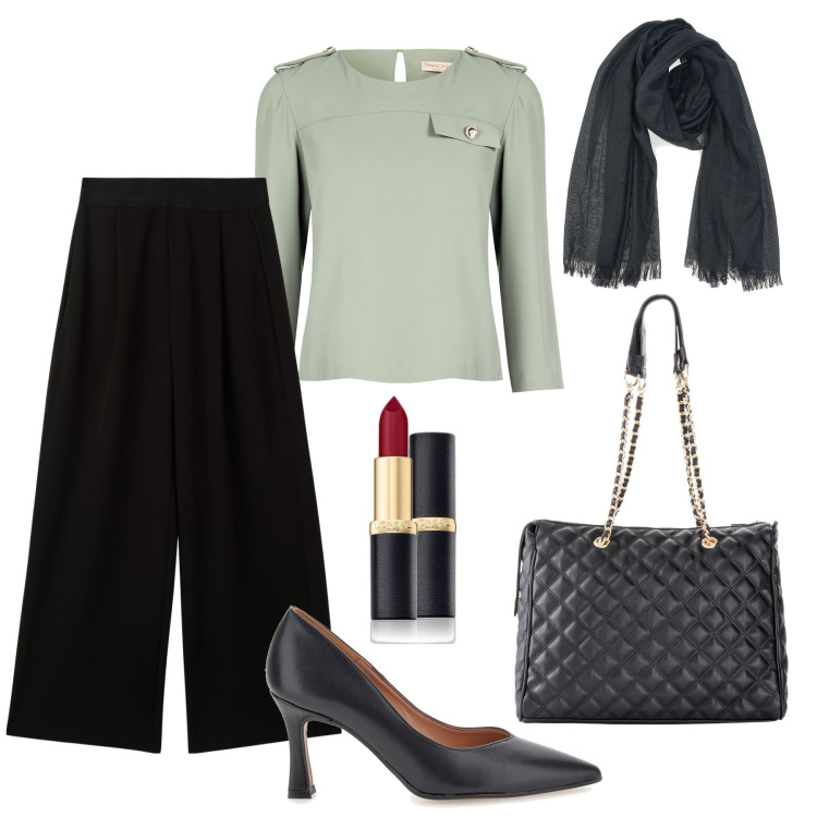 Outfit donna - La blusa in georgette verde salvia. Stile Glamour per Ufficio. Abbinamento con shopping bag, rossetti, pantaloni, bluse, décolleté, sciarpe.