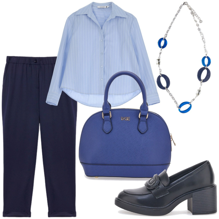 Outfit donna - Total look #1953511. Stile Mannish per Ufficio. Abbinamento con camicie, mocassini, pantaloni, ciondoli, borse a mano.
