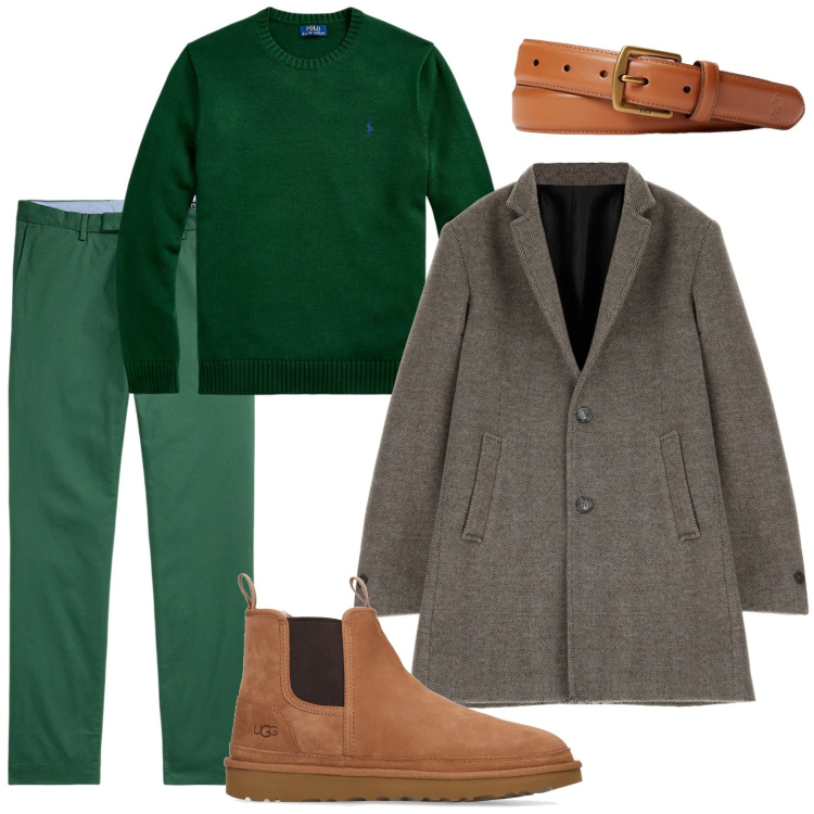 Outfit uomo - Cambio armadio. Stile Trendy per Ufficio. Abbinamento con cappotti, cinture, pantaloni, maglieria, stivali.