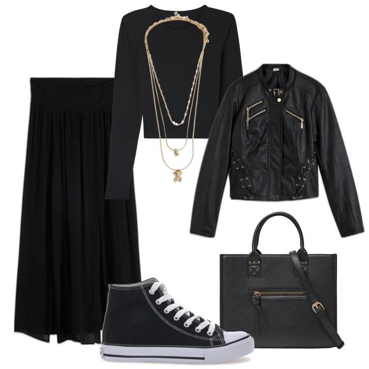 Outfit donna - Total black in città. Stile Urban per Tutti i giorni. Abbinamento con gonne lunghe, blazer, t-shirt, shopping bag, ciondoli, sneakers.