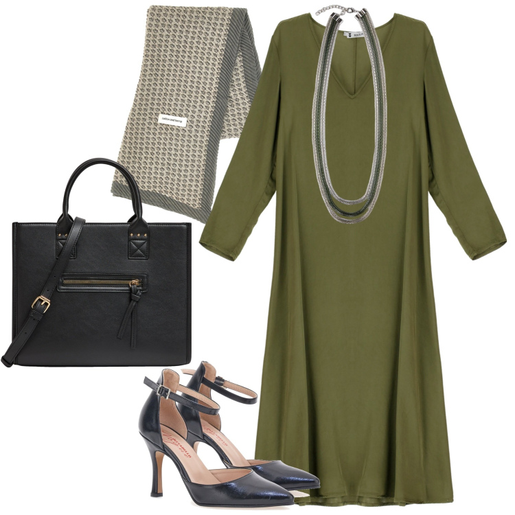Outfit donna - In ufficio. Stile Casual chic per Ufficio. Abbinamento con shopping bag, vestiti midi/longuette, décolleté, collane, foulard.