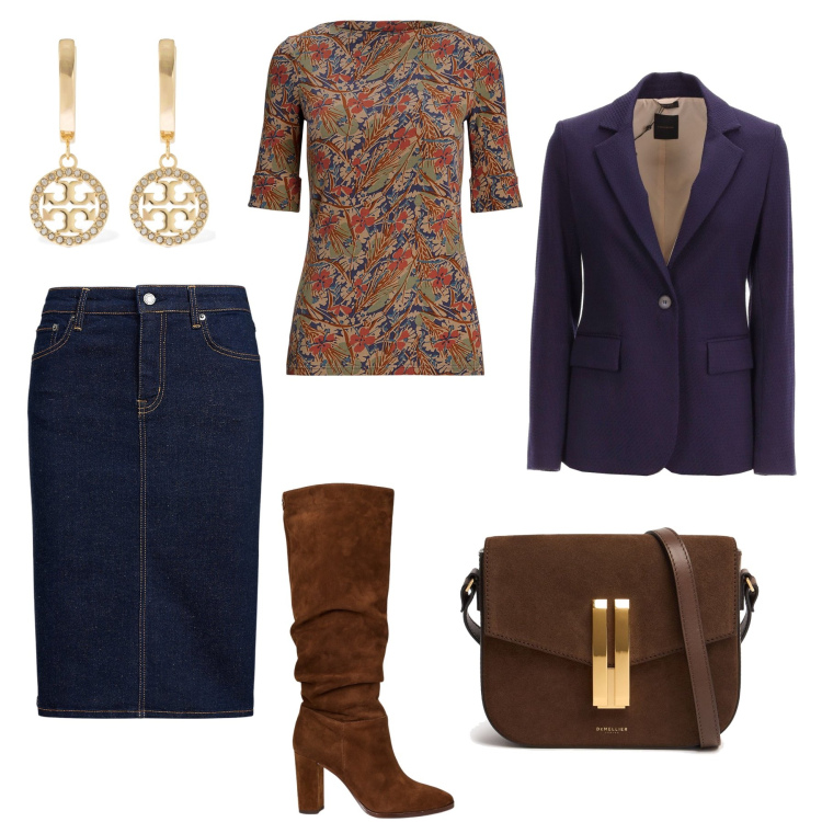 Outfit donna - Autunno in ufficio. Stile Casual chic per Ufficio. Abbinamento con gonne, stivali, t-shirt, blazer, borse a spalla, orecchini.