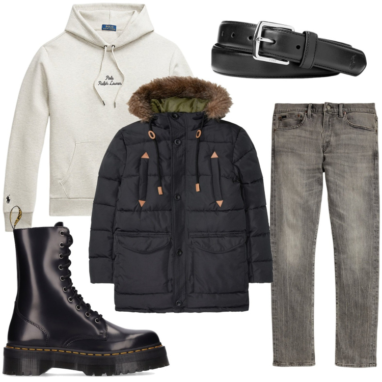 Outfit uomo - Settembre in denim. Stile Trendy per Ufficio. Abbinamento con giacche, cinture, jeans, felpe con cappuccio, stivali.