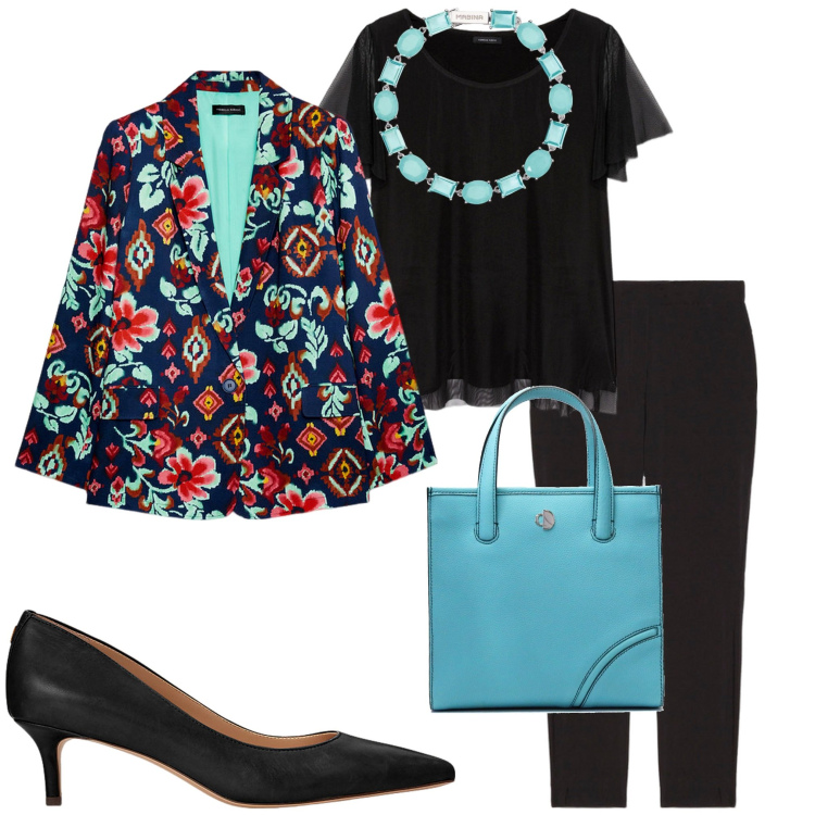 Outfit donna - Cena di lavoro. Stile Chic per Serata fuori. Abbinamento con braccialetti, décolleté, blazer, t-shirt, jeggings, shopping bag.