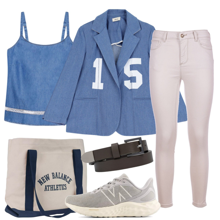 Outfit donna - Tocchi urban. Stile Casual per Tutti i giorni. Abbinamento con sneakers, borse tote, jeans skinny, blazer, cinture, top.