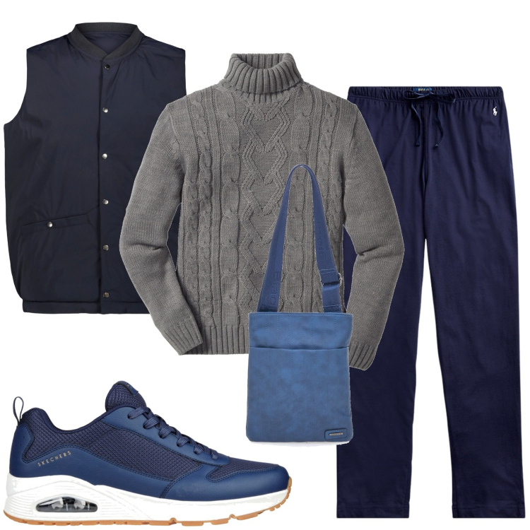 Outfit uomo - La giacca smanicata blu. Stile Trendy per Tutti i giorni. Abbinamento con maglieria, pantaloni, gilet, portafogli, sneakers.