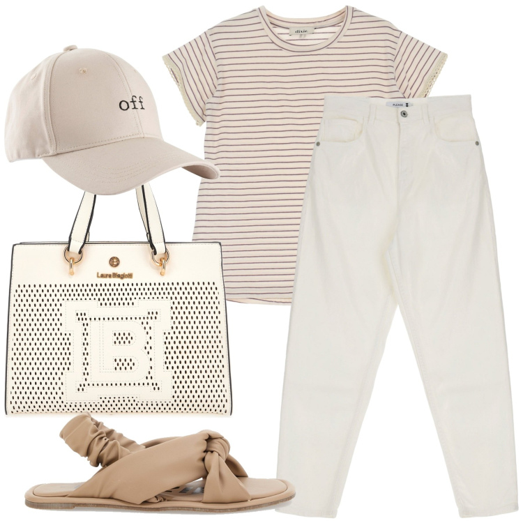 Outfit donna - Settembre. Stile Basic per Tutti i giorni. Abbinamento con cappelli con visiera, pantaloni, t-shirt, borse a mano, sandali.