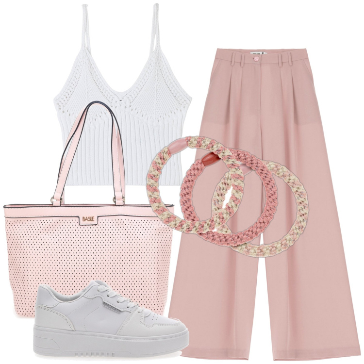 Outfit donna - Rosa cipria a settembre. Stile Casual chic per Tutti i giorni. Abbinamento con blush, top, pantaloni a palazzo, sneakers, borse a spalla.