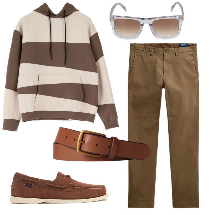 Outfit uomo - Al via con le righe. Stile Casual per Tutti i giorni. Abbinamento con felpe con cappuccio, cinture, pantaloni, occhiali da sole, scarpe stringate.