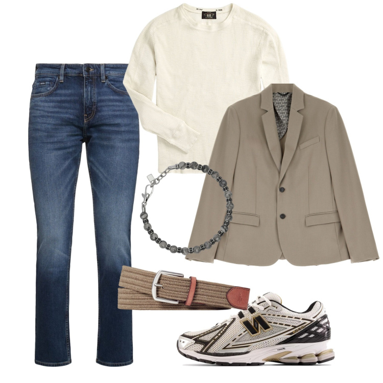Outfit uomo - Il sottogiacca panna. Stile Casual per Tutti i giorni. Abbinamento con braccialetti, sneakers, giacche, maglieria, cinture, jeans.