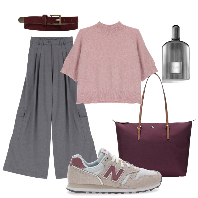 Outfit donna - Giornata comoda. Stile Trendy per Tutti i giorni. Abbinamento con profumi, pantaloni cargo, maglieria, borse tote, cinture, sneakers.