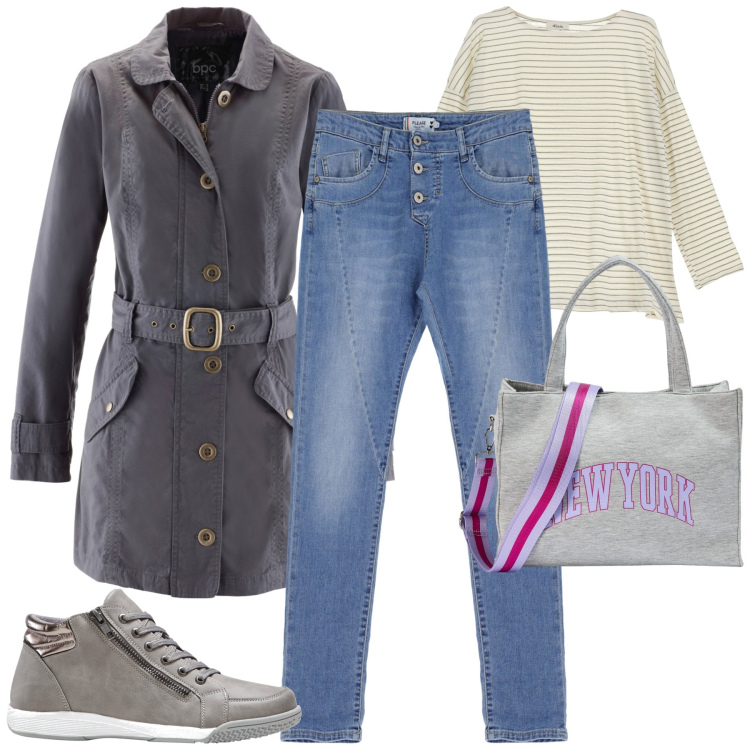 Outfit donna - Settembre. Stile Urban per Tutti i giorni. Abbinamento con trench, sneakers alte, shopping bag, jeans, t-shirt.