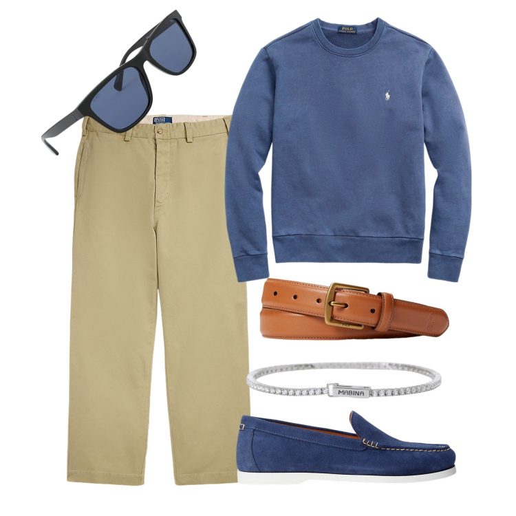 Outfit uomo - Lungomare di fine estate. Stile Casual per Tutti i giorni. Abbinamento con braccialetti, cinture, scarpe stringate, occhiali da sole, felpe, pantaloni.