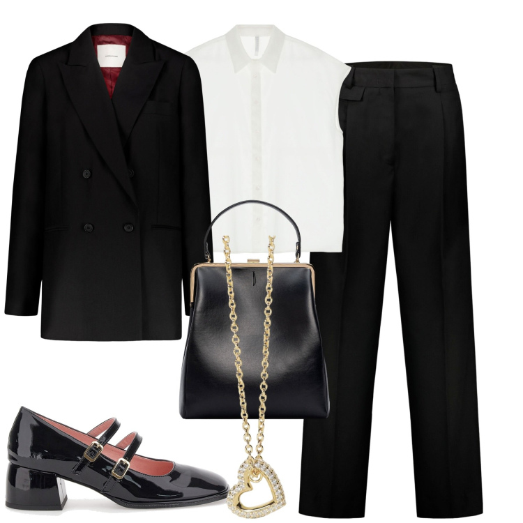 Outfit donna - Doppelganger. Stile Minimal per Ufficio. Abbinamento con collane, camicie a manica corta, pantaloni, décolleté, blazer, borse a spalla.
