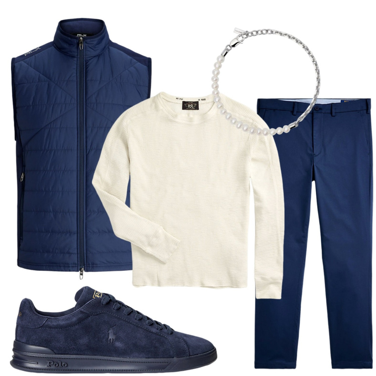 Outfit uomo - Il gilet blu irresistibile. Stile Trendy per Tutti i giorni. Abbinamento con braccialetti, maglieria, sneakers, pantaloni chino, piumini.