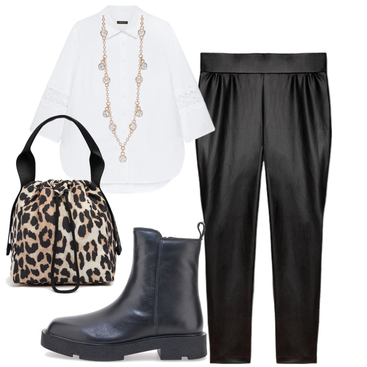 Outfit donna - Total look #1953607. Stile Trendy per Tutti i giorni. Abbinamento con collane, stivaletti, camicie, borse a mano, leggings.