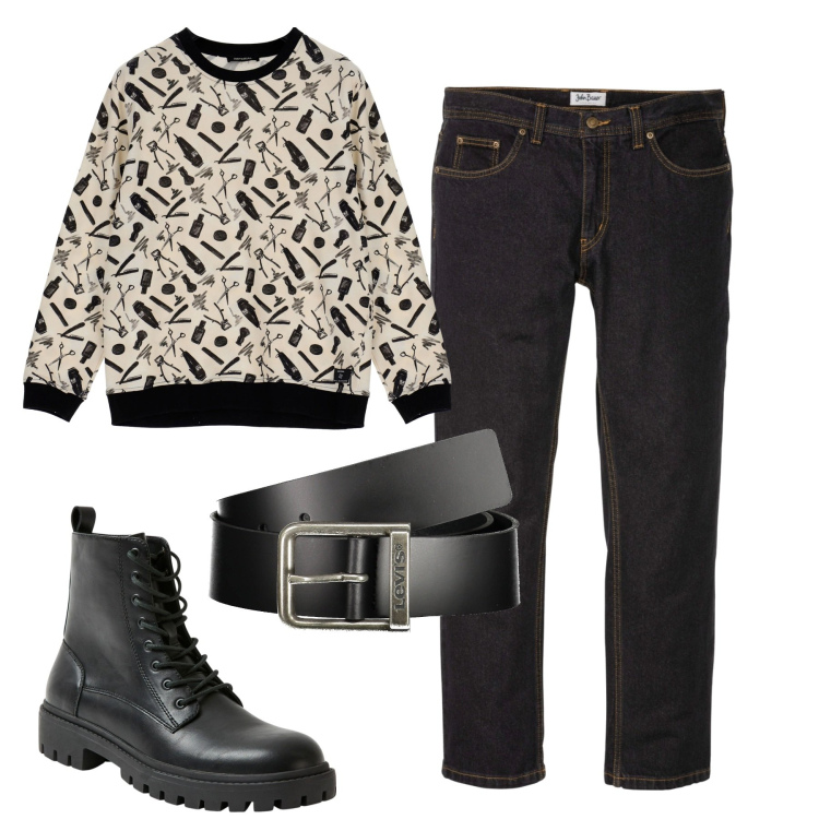 Outfit uomo - Total look #1953608. Stile Trendy per Tutti i giorni. Abbinamento con jeans dritti, anfibi, felpe, cinture.