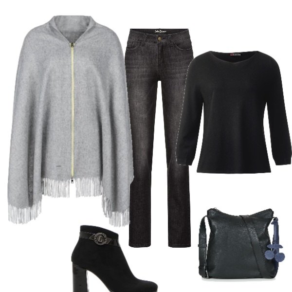 Outfit donna - Basic #17784. Stile Basic per Tutti i giorni. Abbinamento con jeans elasticizzato, borsa a tracolla nero, mantella sport multicolore e grigio, maglione nero, stivaletti nero.