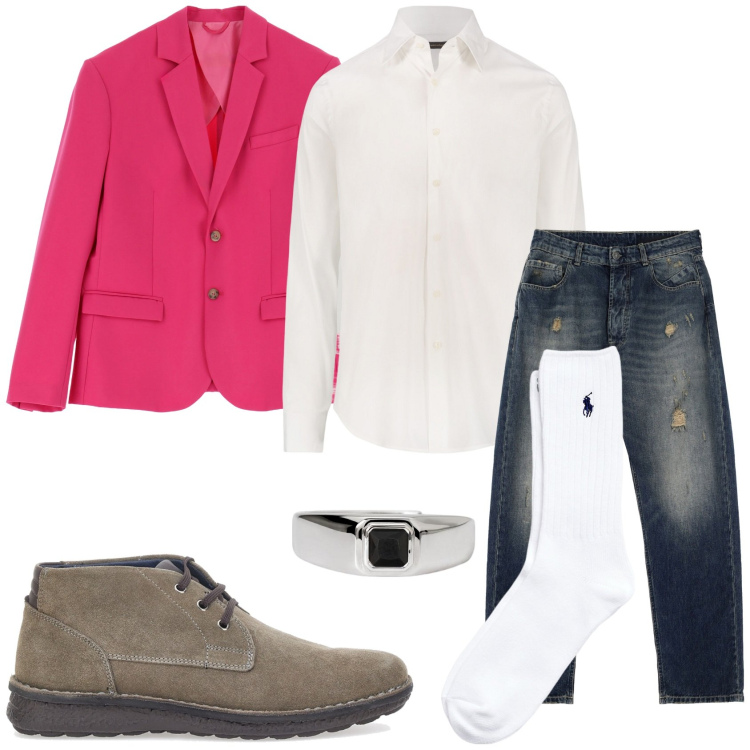 Outfit uomo - La serata con te. Stile Trendy per Serata speciale. Abbinamento con anelli, giacche, jeans strappati, calzini, camicie, scarpe stringate.