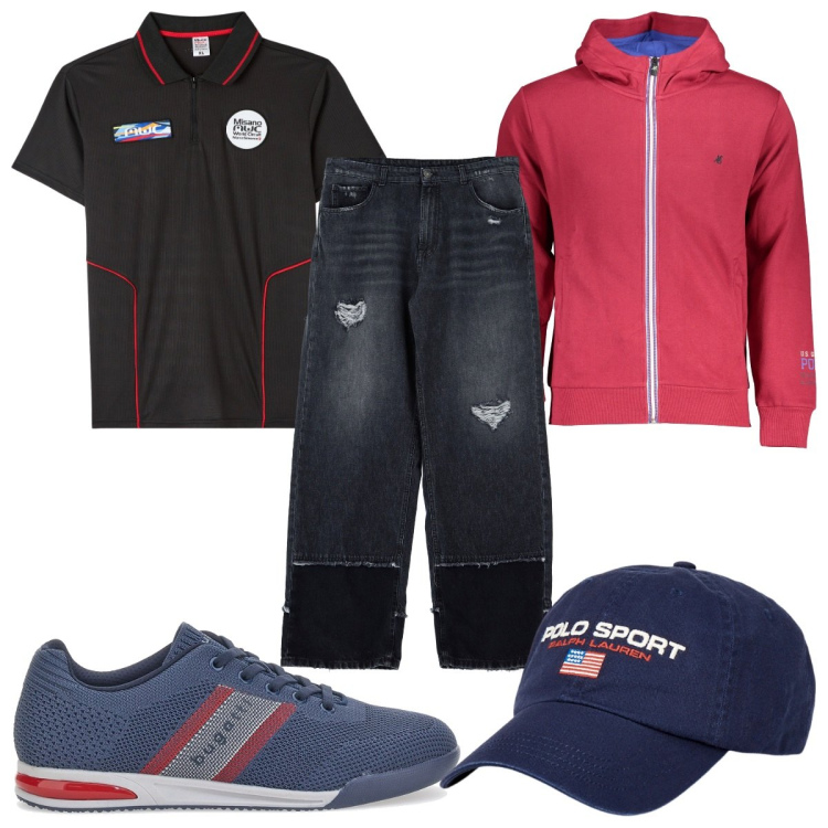 Outfit uomo - Total look #1953638. Stile Trendy per Tutti i giorni. Abbinamento con polo, jeans, berretti, felpe con cappuccio, scarpe stringate.