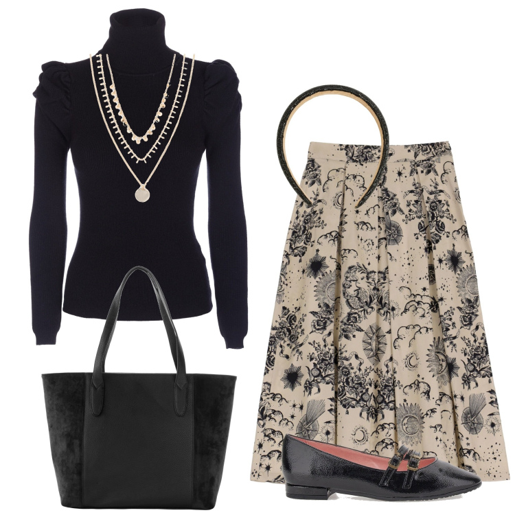 Outfit donna - New boho. Stile Boho per Ufficio. Abbinamento con shopping bag, collane, cerchietti, maglieria, gonne lunghe, ballerine.