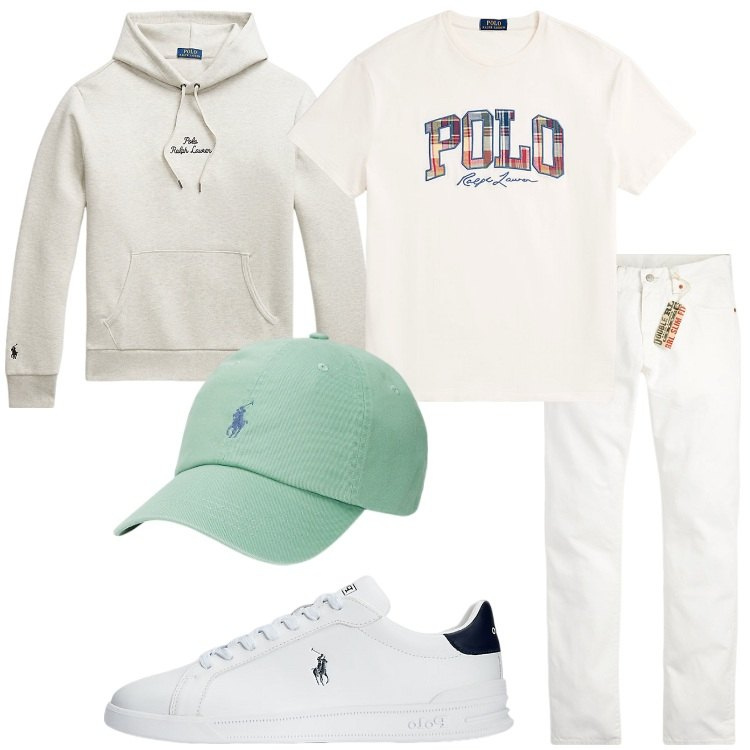 Outfit uomo - Casual Ralph Lauren. Stile Casual per Tutti i giorni. Abbinamento con sneakers, t-shirt, cappelli, felpe con cappuccio, jeans slim fit.