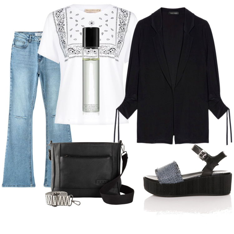 Outfit donna - Settembre in giro. Stile Casual chic per Tutti i giorni. Abbinamento con borse a tracolla, profumi, jeans a zampa, t-shirt, sandali, blazer.