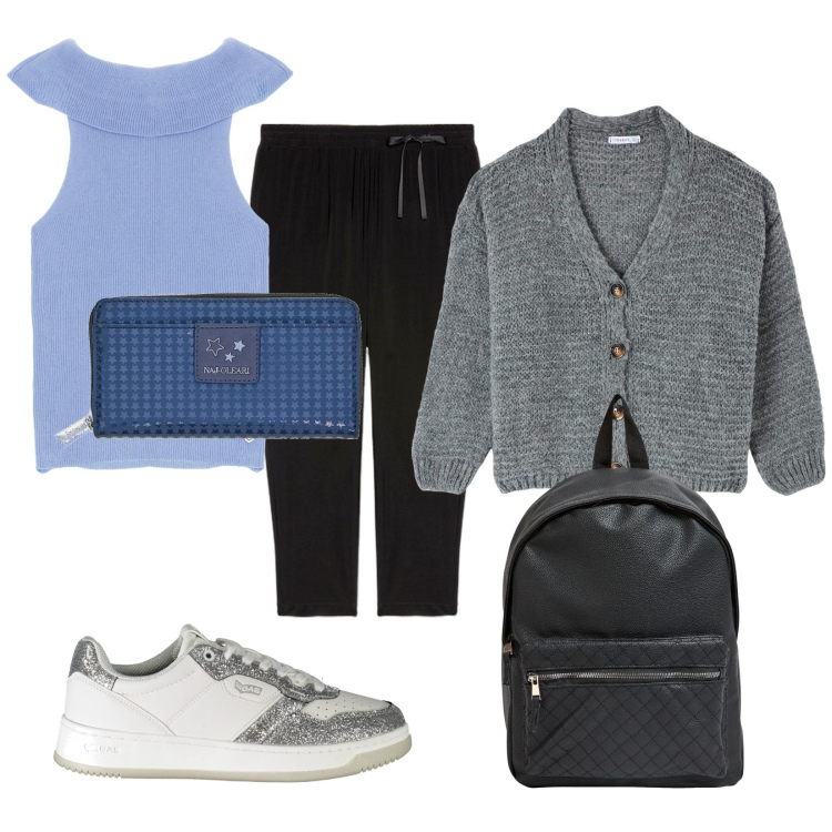 Outfit donna - I "mezzi tempi". Stile Casual per Tutti i giorni. Abbinamento con cardigans, zaini, top, portafogli, sneakers, pantaloni.