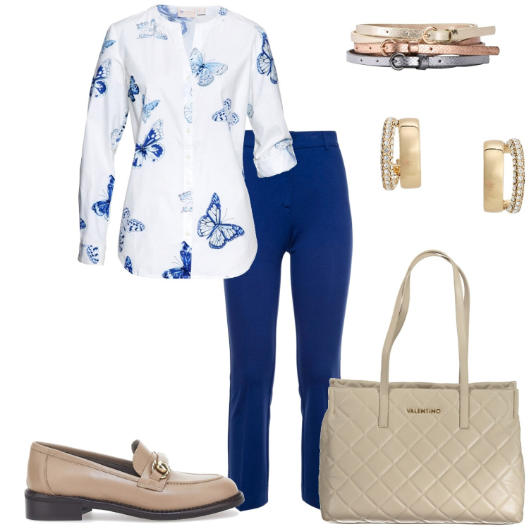 Outfit donna - In ufficio. Stile Casual chic per Ufficio. Abbinamento con cinture, camicie, orecchini, borse a spalla, pantaloni, mocassini.