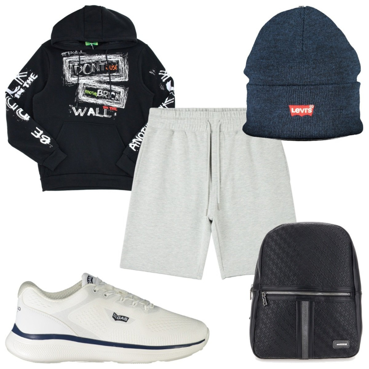 Outfit uomo - Total look #1953668. Stile Urban per Tutti i giorni. Abbinamento con pantaloni corti, borse sportive, berretti, sneakers, felpe con cappuccio.