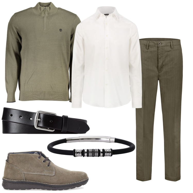 Outfit uomo - Maglione per la giornata. Stile Business/Elegante per Ufficio. Abbinamento con braccialetti, cinture, pantaloni, maglieria, camicie, scarpe stringate.