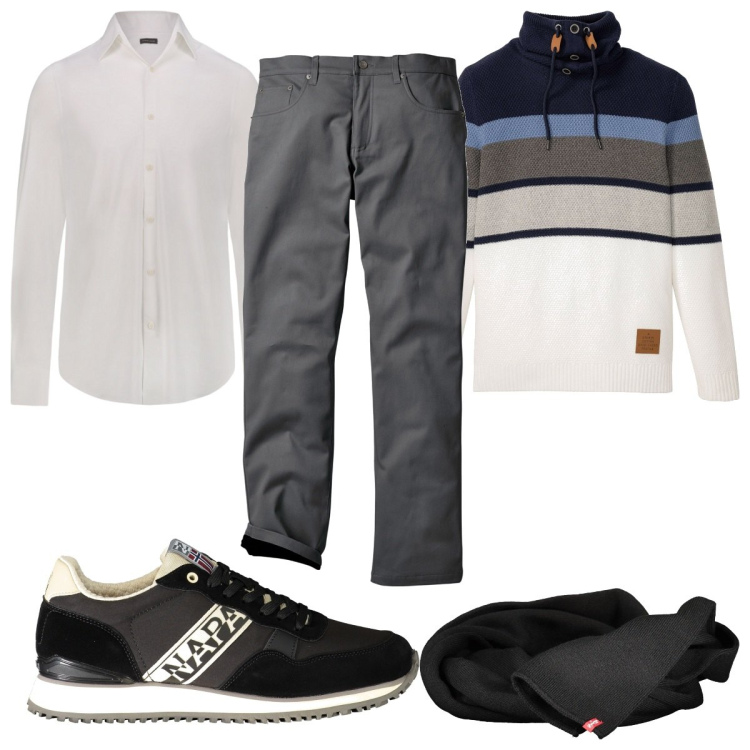 Outfit uomo - Total look #1953680. Stile Trendy per Tutti i giorni. Abbinamento con maglieria, pantaloni, sciarpe, camicie, sneakers.