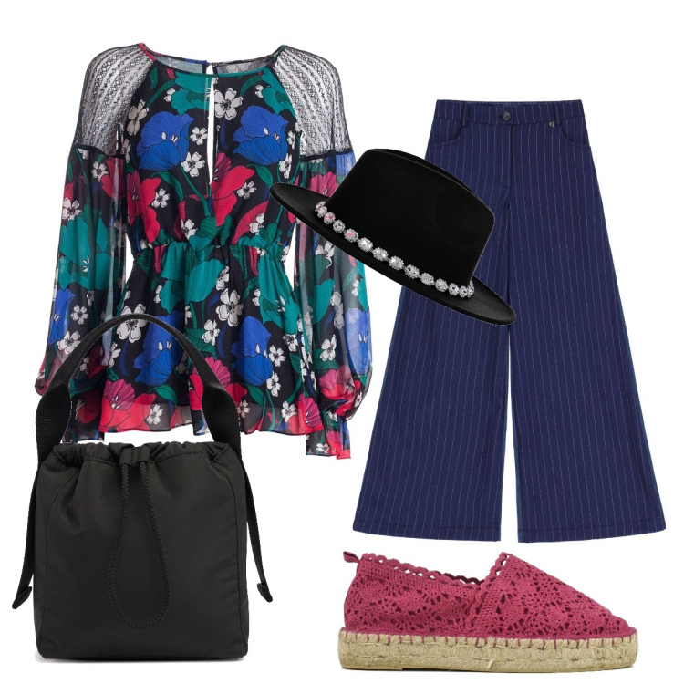 Outfit donna - Jeans a zampa e blusa leggera. Stile Boho per Tutti i giorni. Abbinamento con cappelli, bluse, jeans, espadrillas, borse a mano.