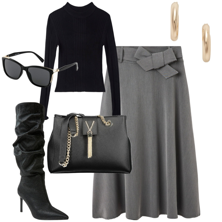 Outfit donna - City. Stile Urban per Tutti i giorni. Abbinamento con occhiali da sole, gonne lunghe, maglieria, stivali, orecchini, borse a spalla.