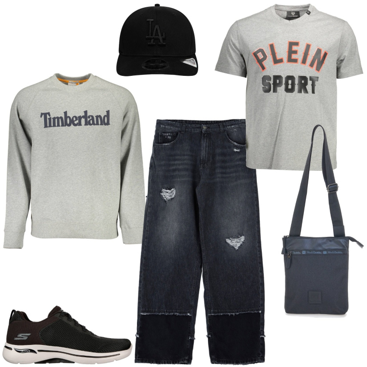 Outfit uomo - Sportivo. Stile Casual per Tutti i giorni. Abbinamento con jeans, portafogli, sneakers, felpe, cappelli con visiera, t-shirt.