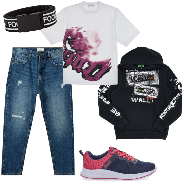Outfit uomo - In giro per la città. Stile Urban per Tutti i giorni. Abbinamento con cinture, jeans strappati, t-shirt, felpe con cappuccio, sneakers.
