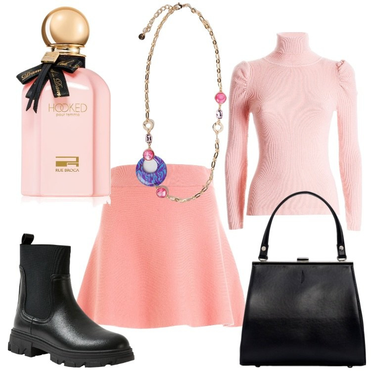 Outfit donna - Come un confetto. Stile Casual chic per Tutti i giorni. Abbinamento con profumi, stivaletti chelsea, gonne, maglieria, clutch, ciondoli.