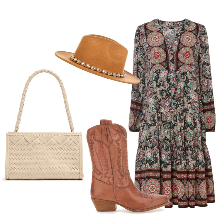 Outfit donna - Gli anni 70 tornano di moda. Stile Boho per Tutti i giorni. Abbinamento con vestiti, cappelli, stivali, borse a spalla.