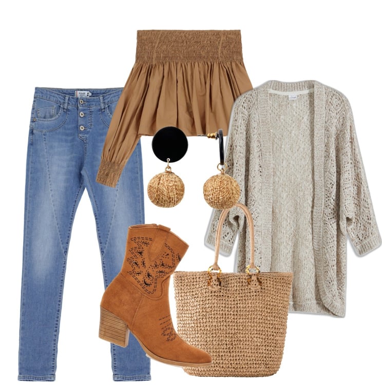 Outfit donna - New boho. Stile Boho per Tutti i giorni. Abbinamento con orecchini, cardigans, shopping bag, jeans, bluse, stivaletti texani.