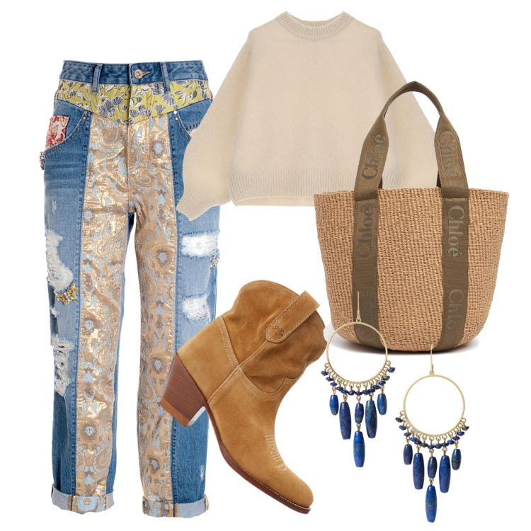 Outfit donna - New boho style. Stile Boho per Tutti i giorni. Abbinamento con jeans boyfriend, pullovers, stivaletti, orecchini, shopping bag.