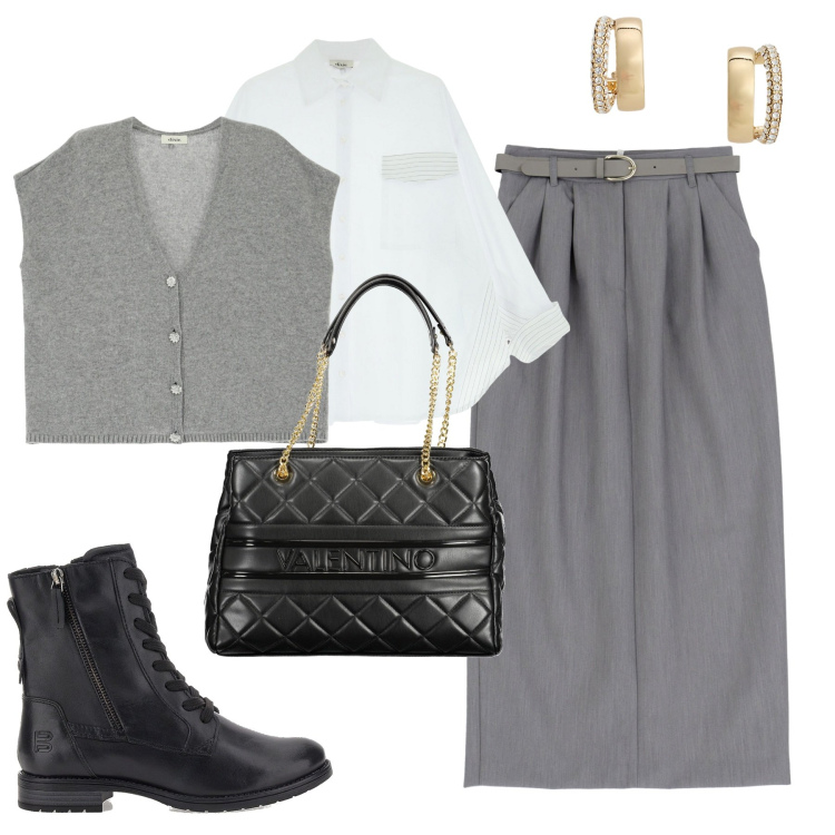 Outfit donna - Fall. Stile Casual chic per Tutti i giorni. Abbinamento con gonne lunghe, gilet, camicie, orecchini, anfibi, borse a spalla.