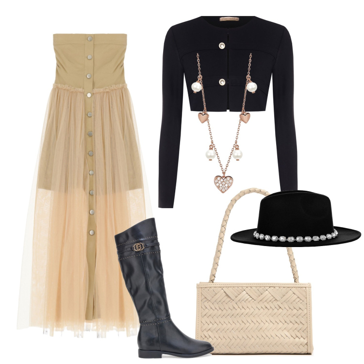 Outfit donna - Serata boho. Stile Boho per Serata fuori. Abbinamento con collane, blazer, cappelli, vestiti lunghi, stivali sopra il ginocchio, borse a spalla.