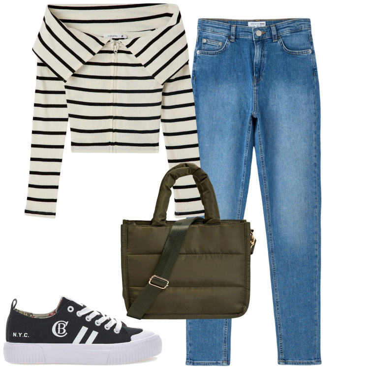 Outfit donna - La maglia Sailor spalle scoperte. Stile Casual per Tutti i giorni. Abbinamento con cardigans, jeans skinny, shopping bag, sneakers.