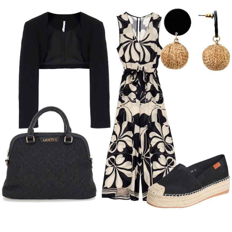 Outfit donna - I fiori di settembre. Stile Boho per Serata fuori. Abbinamento con orecchini, espadrillas, blazer, tute, borse a spalla.