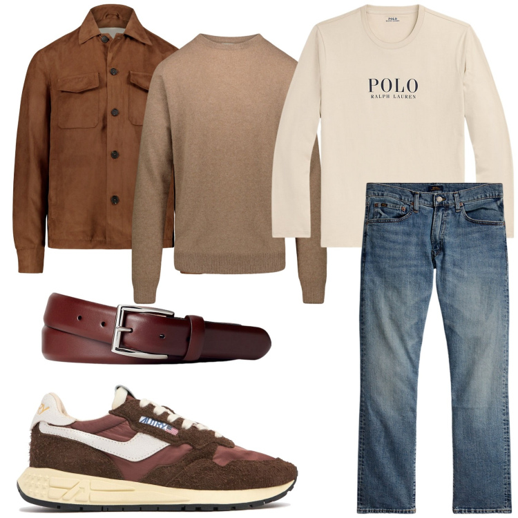 Outfit uomo - Mi preparo per un appuntamento. Stile Trendy per Tutti i giorni. Abbinamento con cinture, t-shirt, jeans dritti, maglieria, giacche, sneakers.
