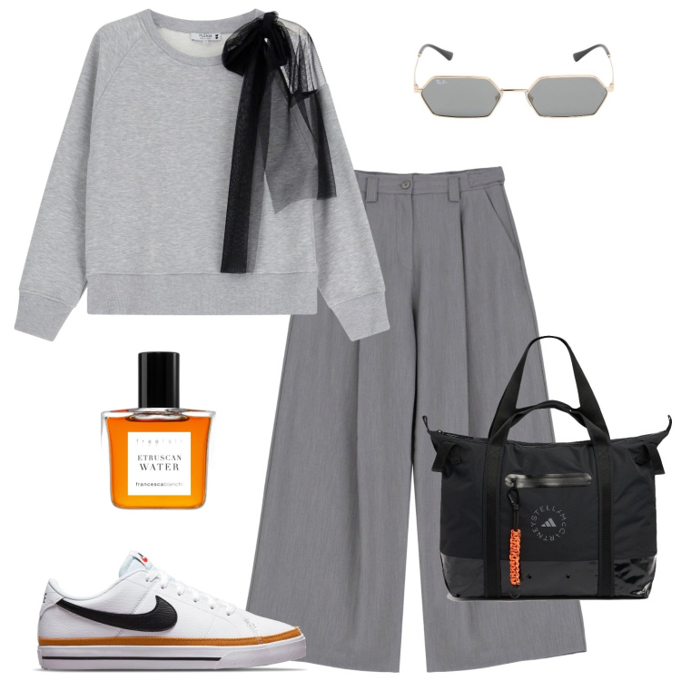 Outfit donna - I dettagli contano. Stile Sporty chic per Tutti i giorni. Abbinamento con profumi, felpe, pantaloni a palazzo, sneakers, shopping bag, occhiali da sole.
