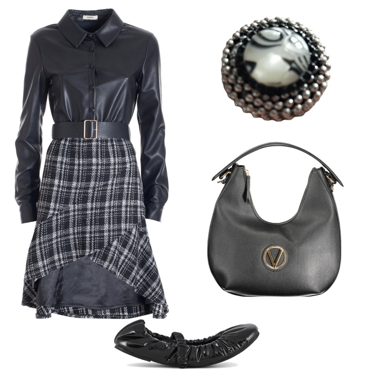 Outfit donna - Rientro in ufficio. Stile Rock per Ufficio. Abbinamento con vestiti asimmetrici, ballerine, anelli, borse a spalla.