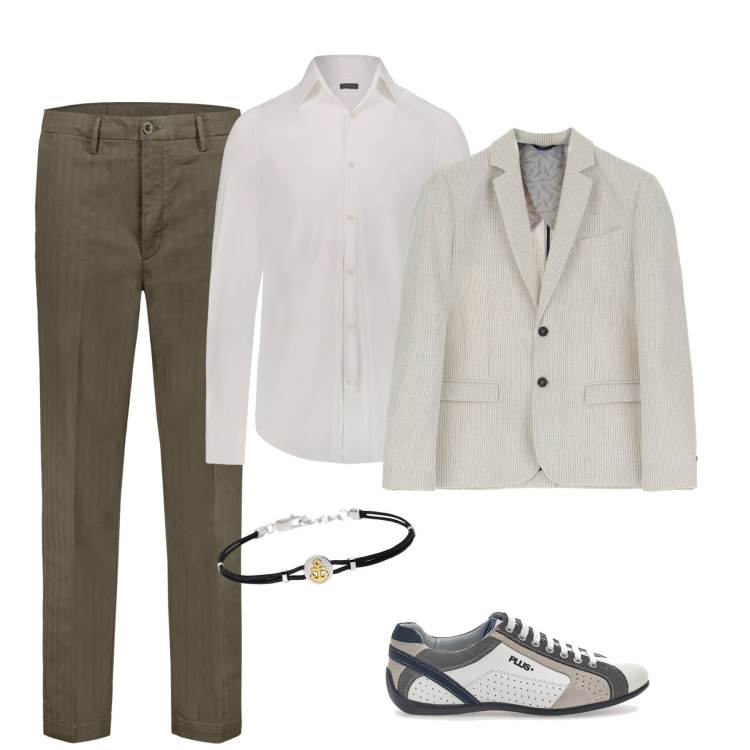 Outfit uomo - Sportivo ed elegante. Stile Business/Elegante per Ufficio. Abbinamento con braccialetti, giacche, pantaloni, camicie, scarpe stringate.